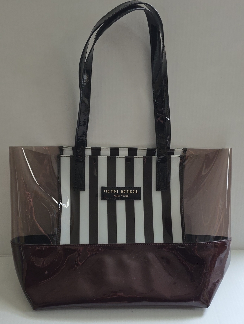 Henri Bendel Centennial Striped Tote with Clear Panels and Black Handles